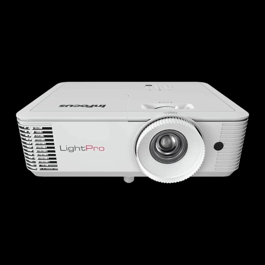 InFocus Vista II IN0048SL 4400lm Blanco, vista frontal elevada: panel superior con logo InFocus, lente con aro metálico y