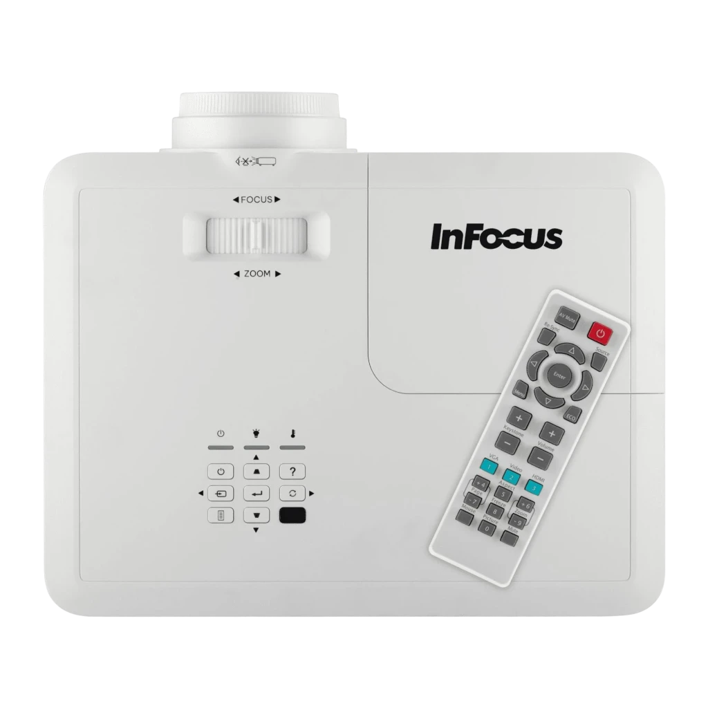InFocus Orbital IN0061SL 4000lm Branco, vista frontal em ângulo: lente, grelha de ventilação, logo LightPro 4K UHD e painel - Item3
