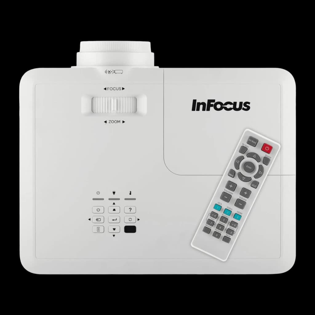 InFocus Orbital IN0061SL 4000lm Blanco, vista superior con mando a distancia: ruedas de foco y zoom, panel de botones y