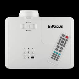 InFocus Orbital IN0061SL 4000lm Blanco, vista superior con mando a distancia: ruedas de foco y zoom, panel de botones y