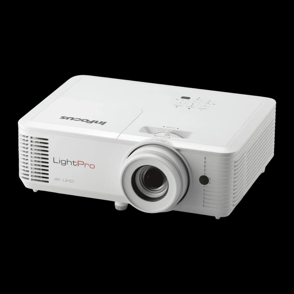 InFocus Orbital IN0061SL 4000lm Blanco, vista frontal en ángulo: lente, rejilla ventilación, logo LightPro 4K UHD y panel de