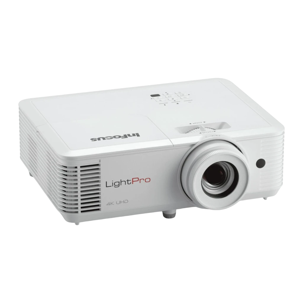 InFocus Orbital IN0061SL 4000lm Branco, vista frontal em ângulo: lente, grelha de ventilação, logo LightPro 4K UHD e painel - Item2