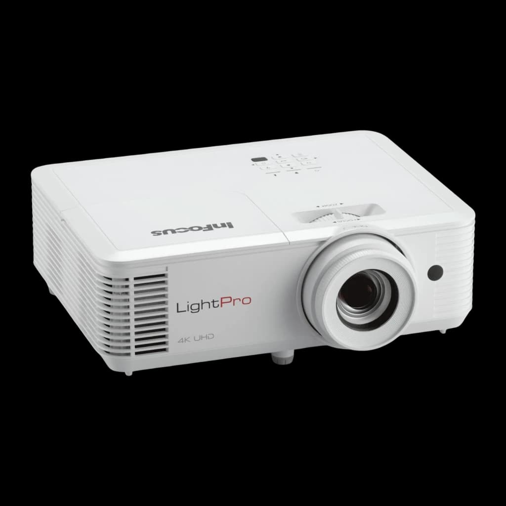 InFocus Orbital IN0061SL 4000lm Blanco, vista lateral derecha en ángulo: lente centrada, logo InFocus en tapa superior y
