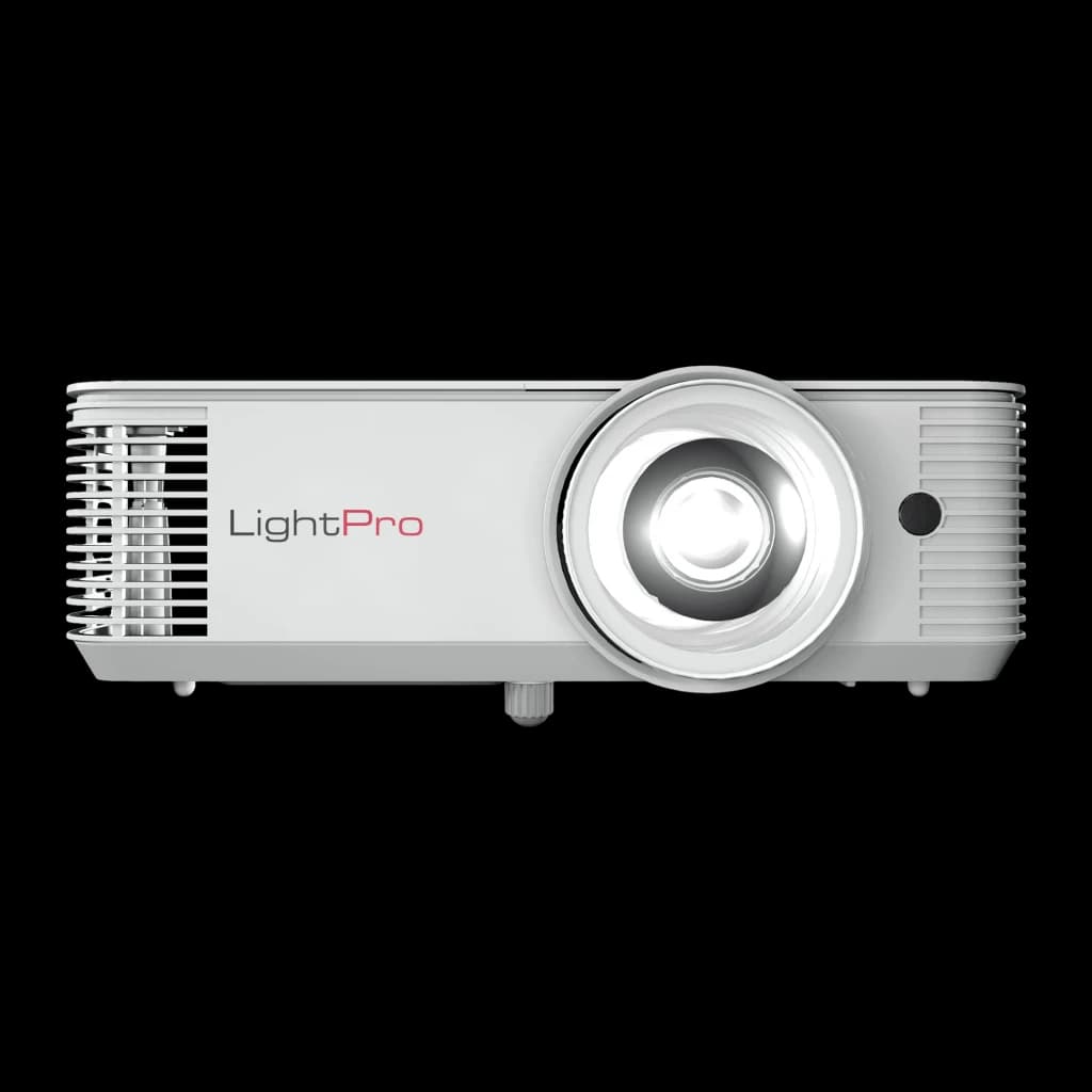 InFocus Proyector Vista IN0048ST Blanco, vista frontal: lente central, logo LightPro y rejillas de ventilación laterales