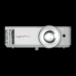 InFocus Proyector Vista IN0048ST Blanco, vista frontal: lente central, logo LightPro y rejillas de ventilación laterales