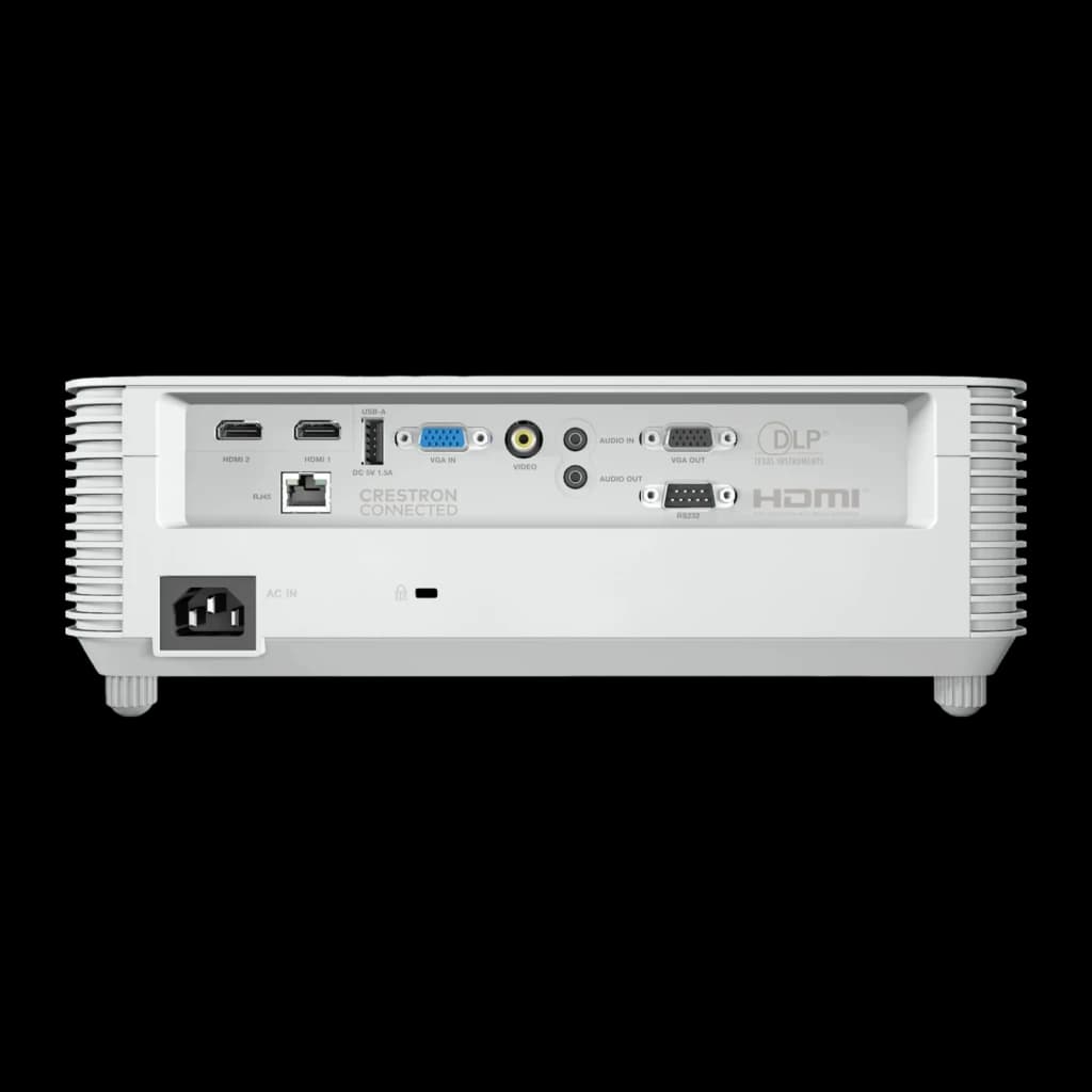 InFocus Proyector Vista IN0048ST Blanco, panel trasero: puertos HDMI, VGA, USB, RJ45, RS232, AC IN y logo DLP