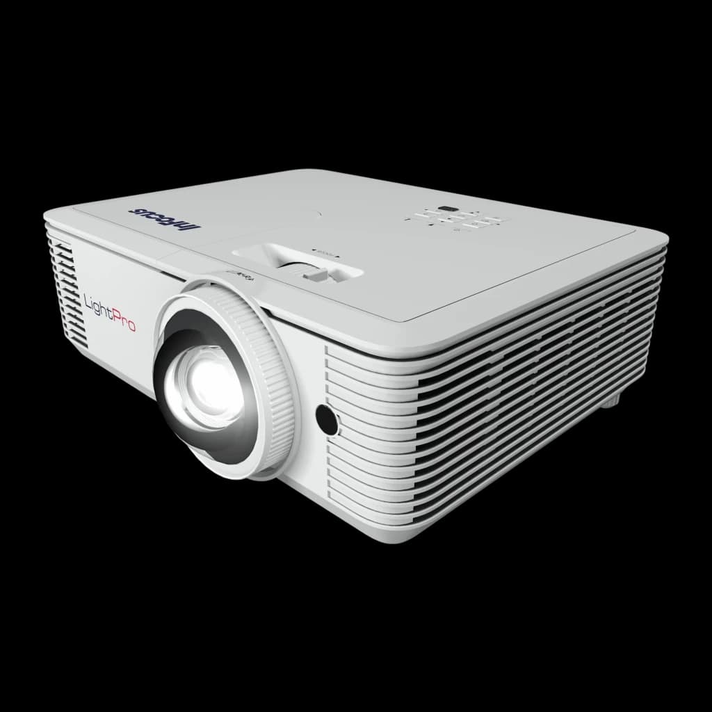InFocus Proyector Vista IN0048ST Blanco, vista en ángulo frontal-izquierdo: lente, logo LightPro, panel superior con