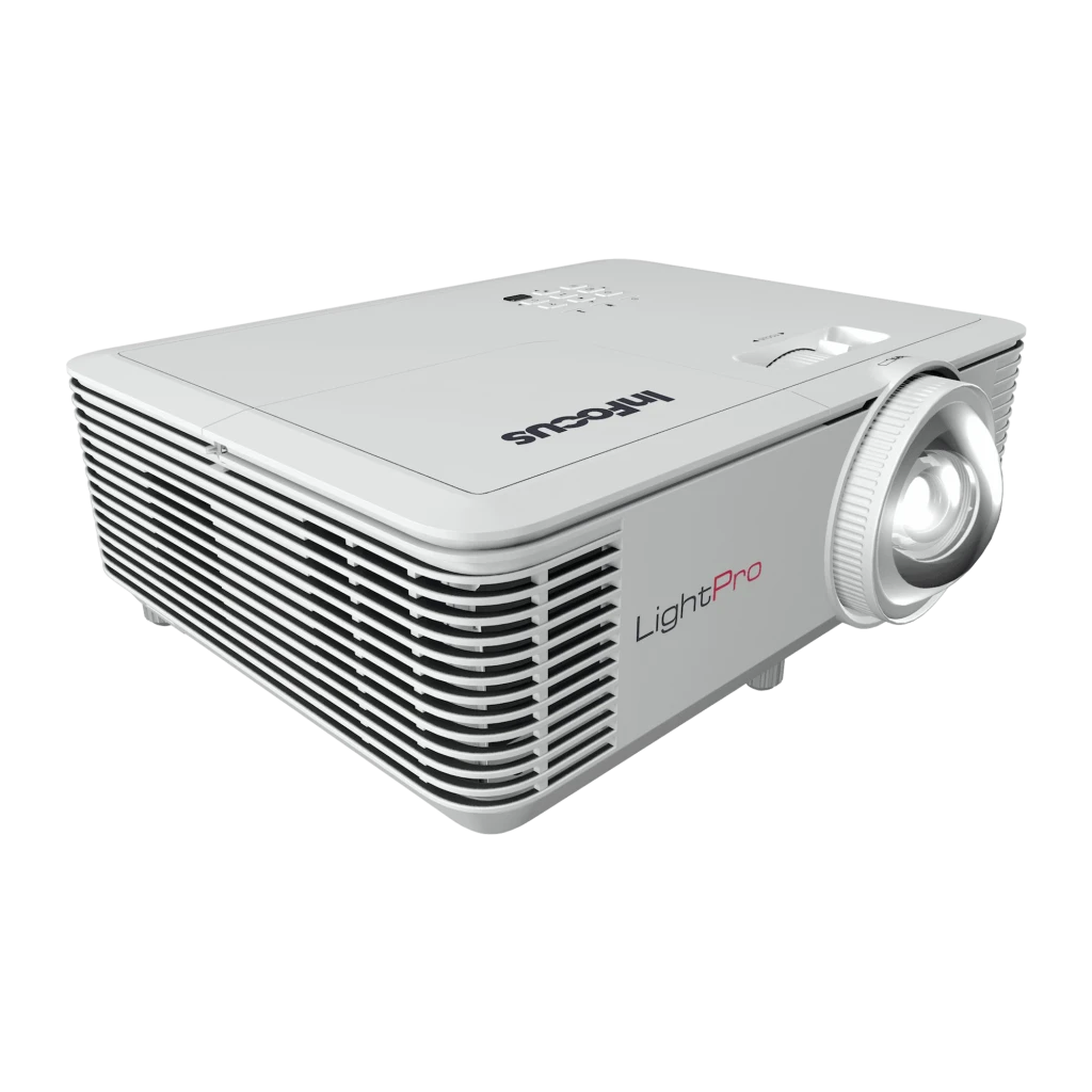 InFocus Proyector Vista IN0048ST Branco, vista frontal: lente central, logo LightPro e grades de ventilação laterais - Item3
