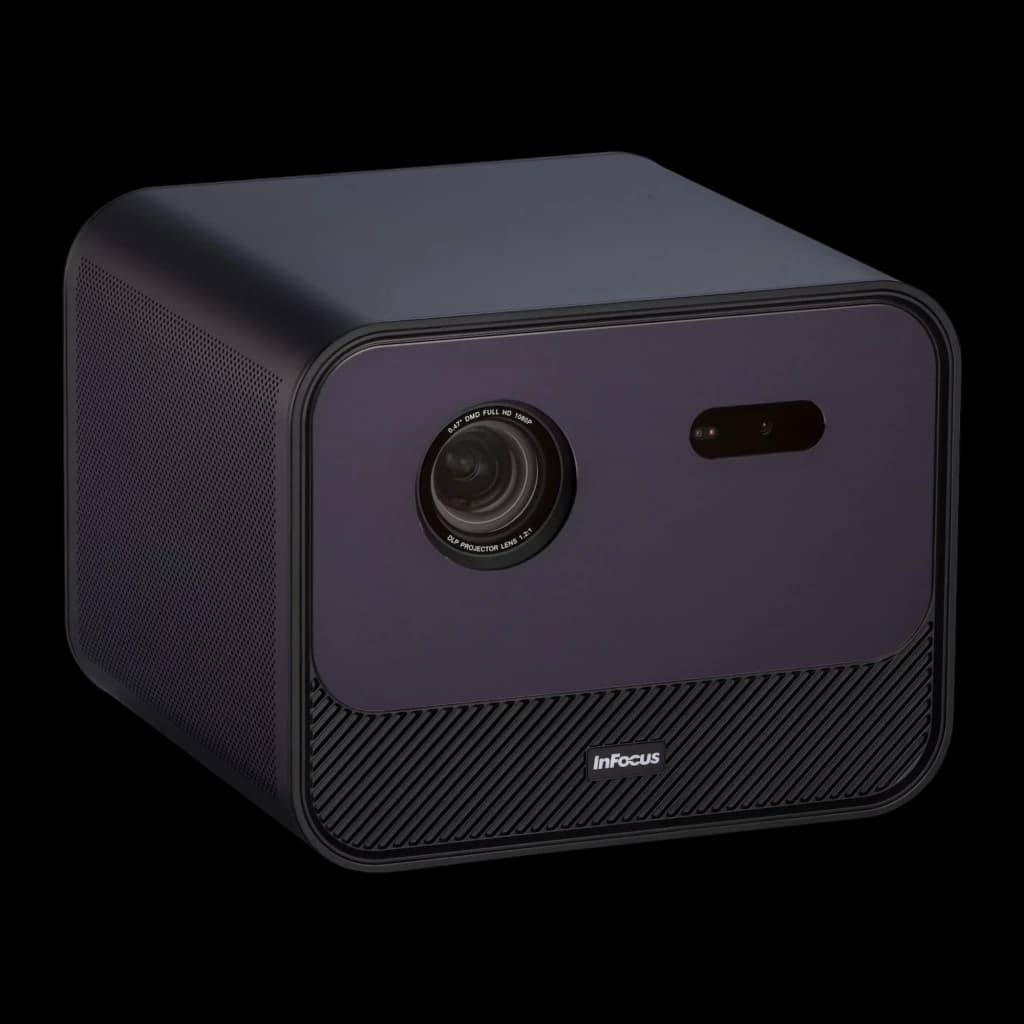InFocus in3028sl Quantum LED Crusader Grandmaster 32GB Morado medianoche, vista frontal en ángulo: lente DLP, sensor y