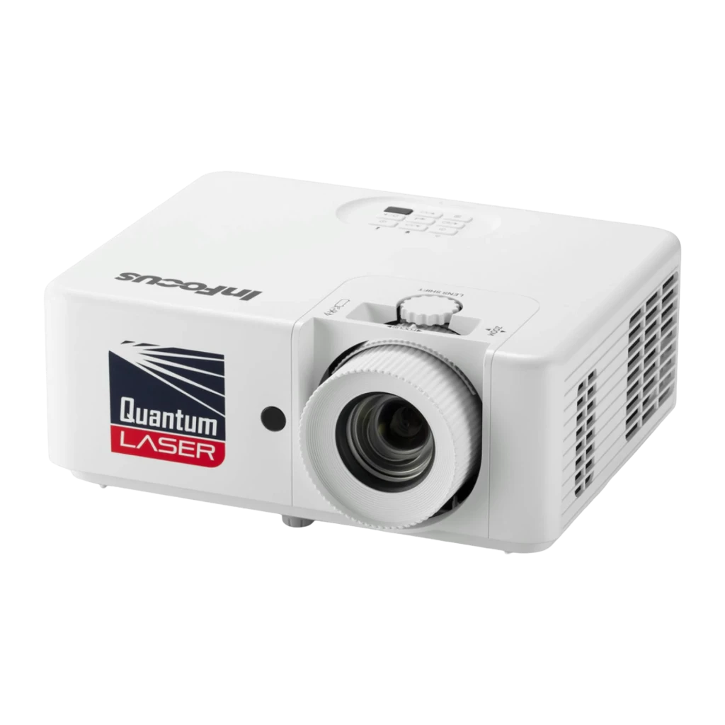 InFocus Nemesis IN1026SL Branco, vista frontal-lateral esquerda: lente, grelha de ventilação e logo Quantum Laser - Item1