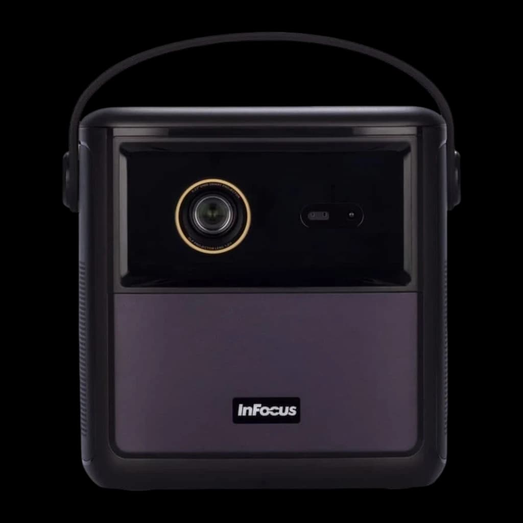 InFocus Crusader Challenger IN3008SL 32GB Midnight Purple, vista frontal: lente con aro dorado, panel inferior púrpura y asa