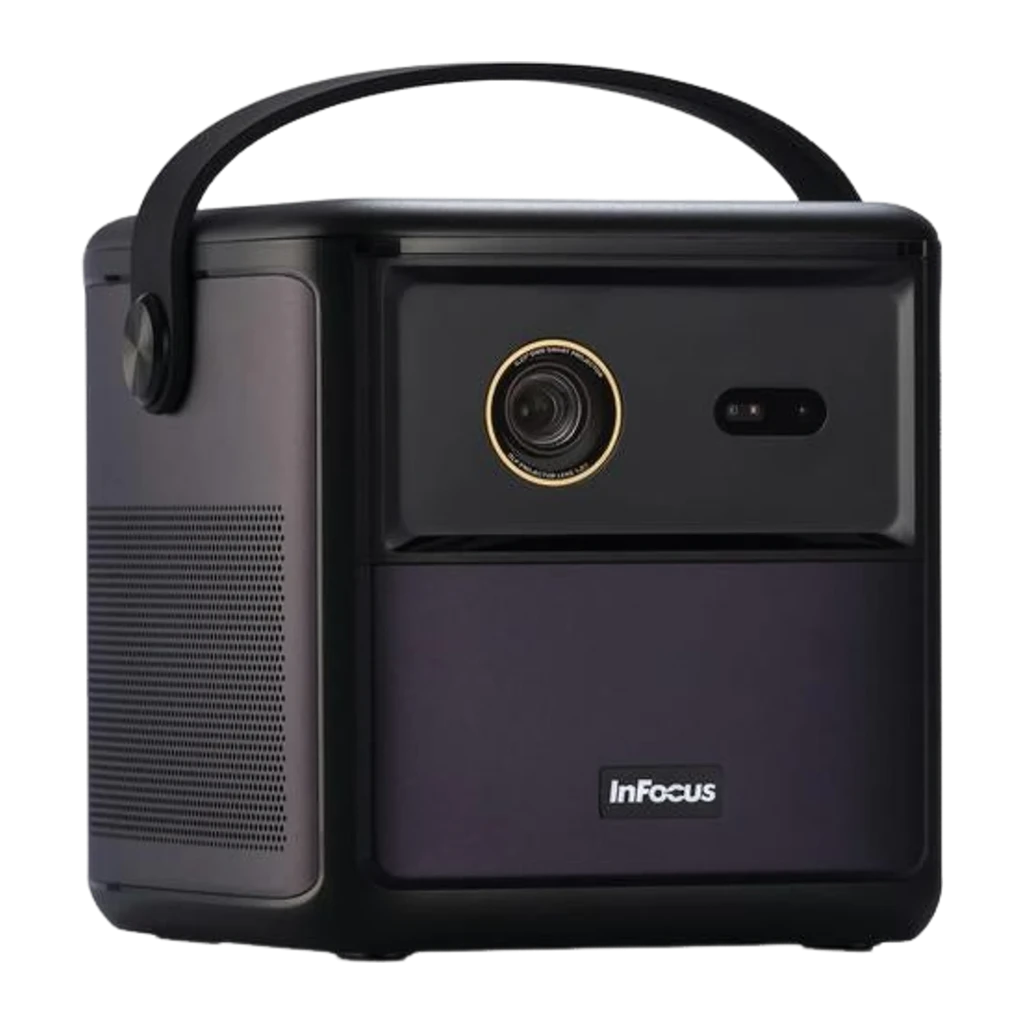 InFocus Crusader Challenger IN3008SL 32GB Midnight Purple, vista frontal: lente com aro dourado, painel inferior roxo e alça - Item2