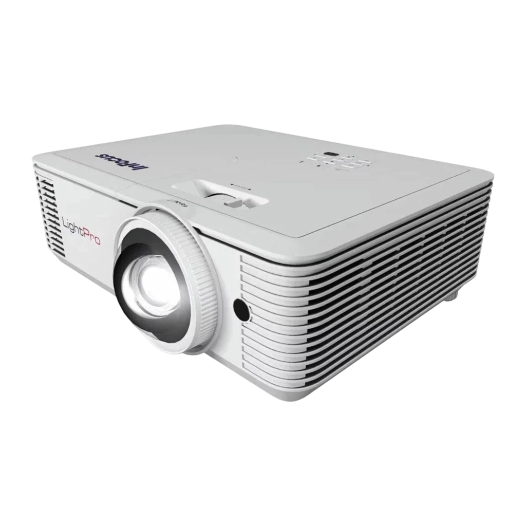 InFocus Projetor Genesis in0026sl Branco, vista frontal: lente central com anel de foco, grades laterais e logo LightPro - Item1
