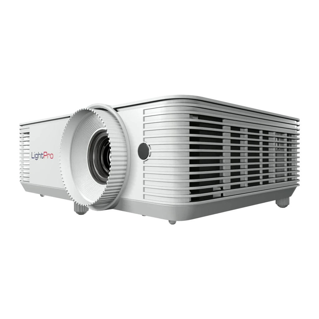 InFocus Projetor Genesis in0026sl Branco, vista frontal: lente central com anel de foco, grades laterais e logo LightPro - Item3