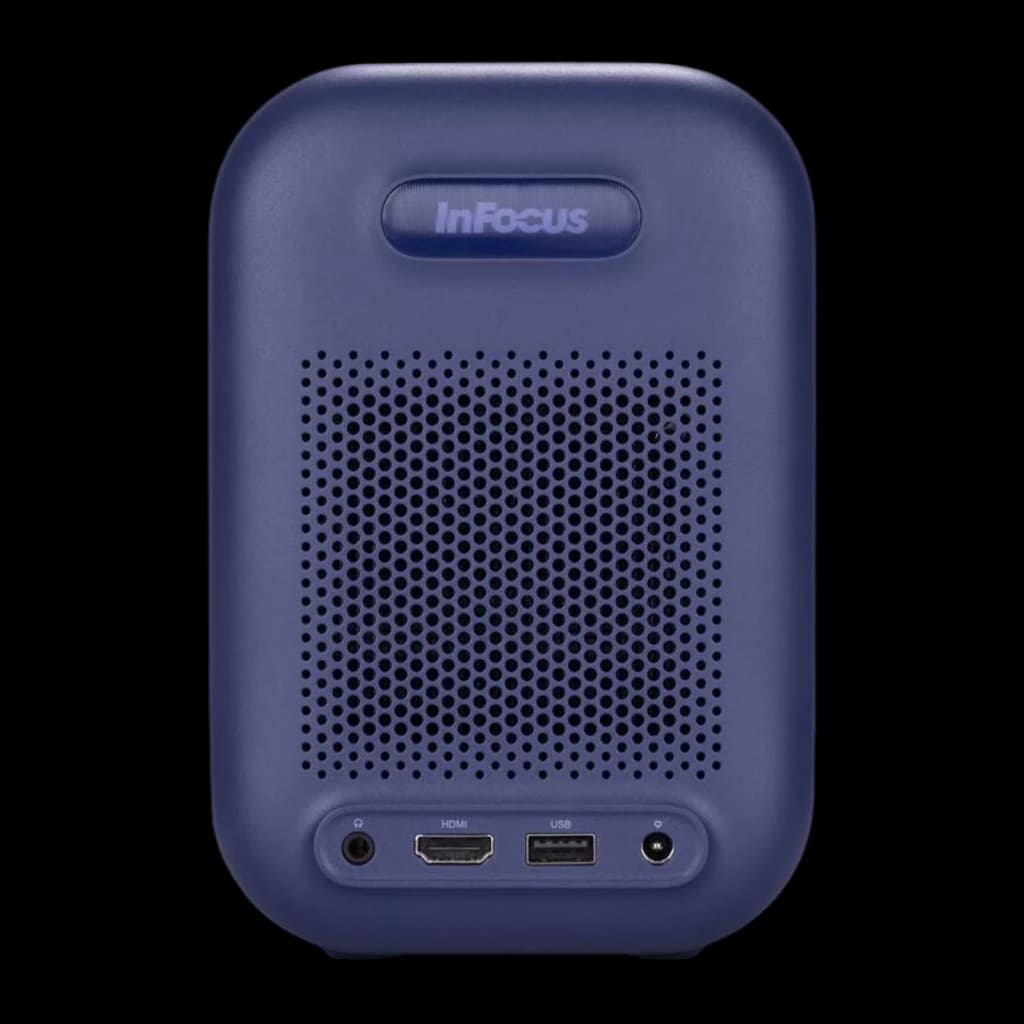 InFocus Apex Challenger IN3048SL 16GB azul, vista trasera: rejilla de altavoz, logo InFocus y puertos HDMI, USB y jack