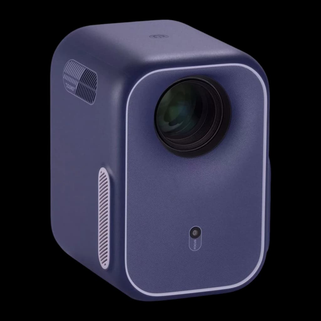 InFocus Apex Challenger IN3048SL 16GB azul, vista frontal en ángulo: lente de proyección, rejilla lateral y botón de enfoque