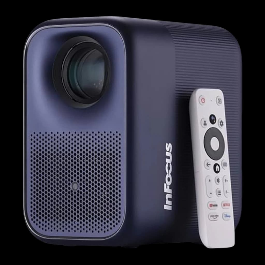 InFocus IN3058SL 16GB azul-cinza, kit com comando: projetor frontal com objetiva e grelha ao lado do comando branco