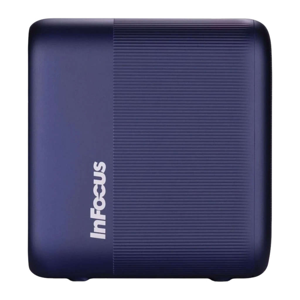 InFocus IN3058SL 16GB azul-cinza, kit com comando: projetor frontal com objetiva e grelha ao lado do comando branco - Item2