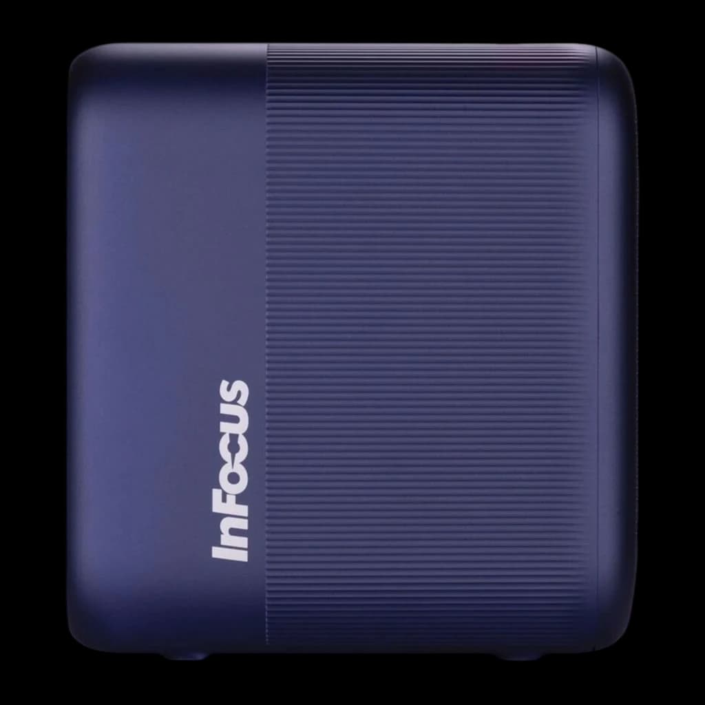 InFocus IN3058SL 16GB azul-cinza, vista traseira: painel liso com logótipo InFocus e textura estriada