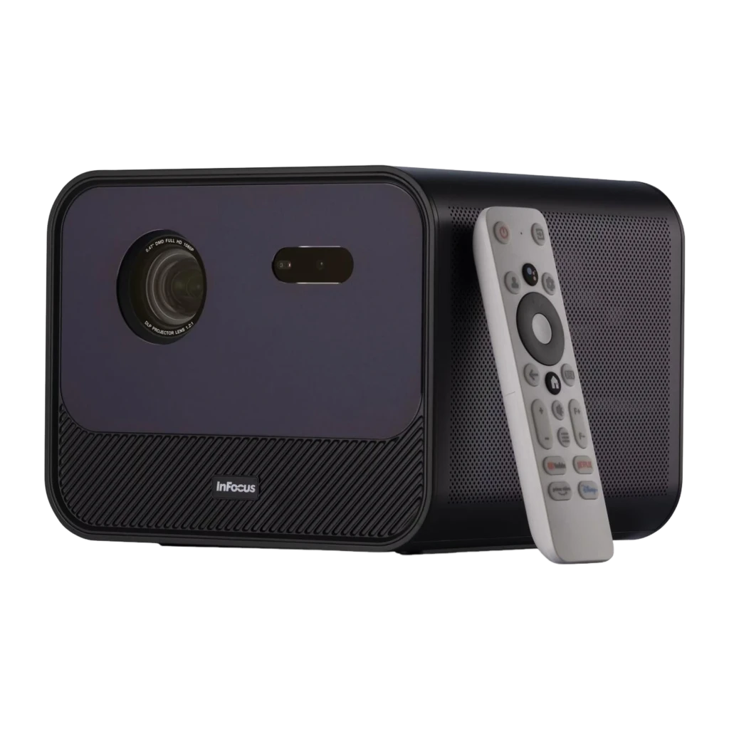 InFocus IN3038SL 32GB roxo escuro, vista frontal em suporte metálico: lente DLP e base giratória de alumínio - Item3