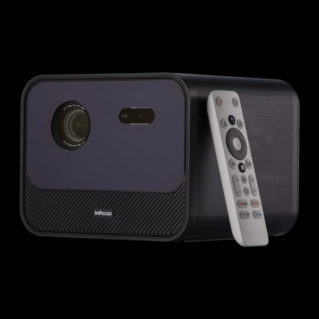 InFocus IN3038SL 32GB púrpura oscuro, kit con mando: proyector en ángulo y mando a distancia blanco apoyado al lado