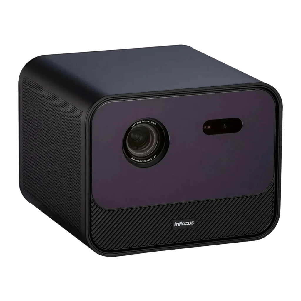 InFocus IN3038SL 32GB roxo escuro, vista frontal em suporte metálico: lente DLP e base giratória de alumínio - Item1