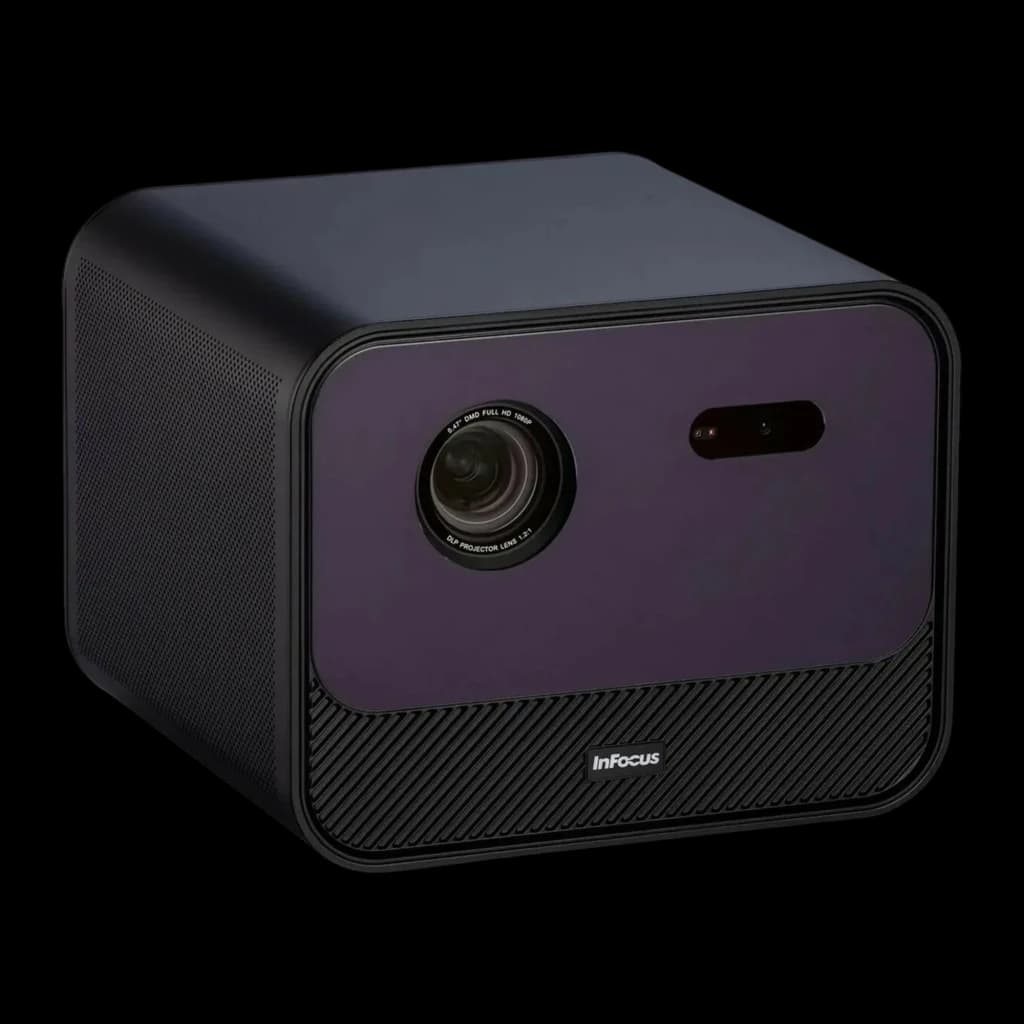 InFocus IN3038SL 32GB púrpura oscuro, vista frontal en ángulo: lente DLP, panel morado y rejilla inferior con logo