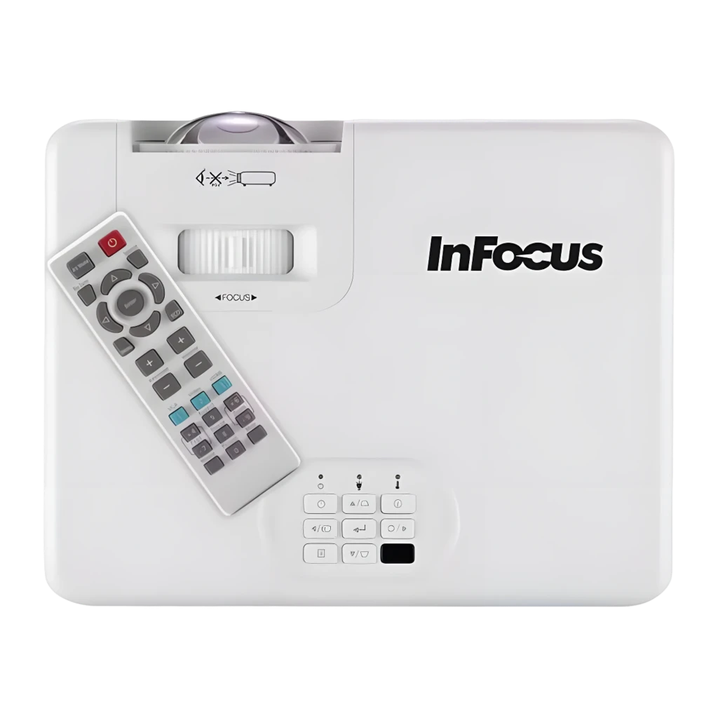 InFocus IN1026ST projetor DLP WXGA branco, vista em perspectiva: painel de controlo superior, grelha e objetiva - Item3