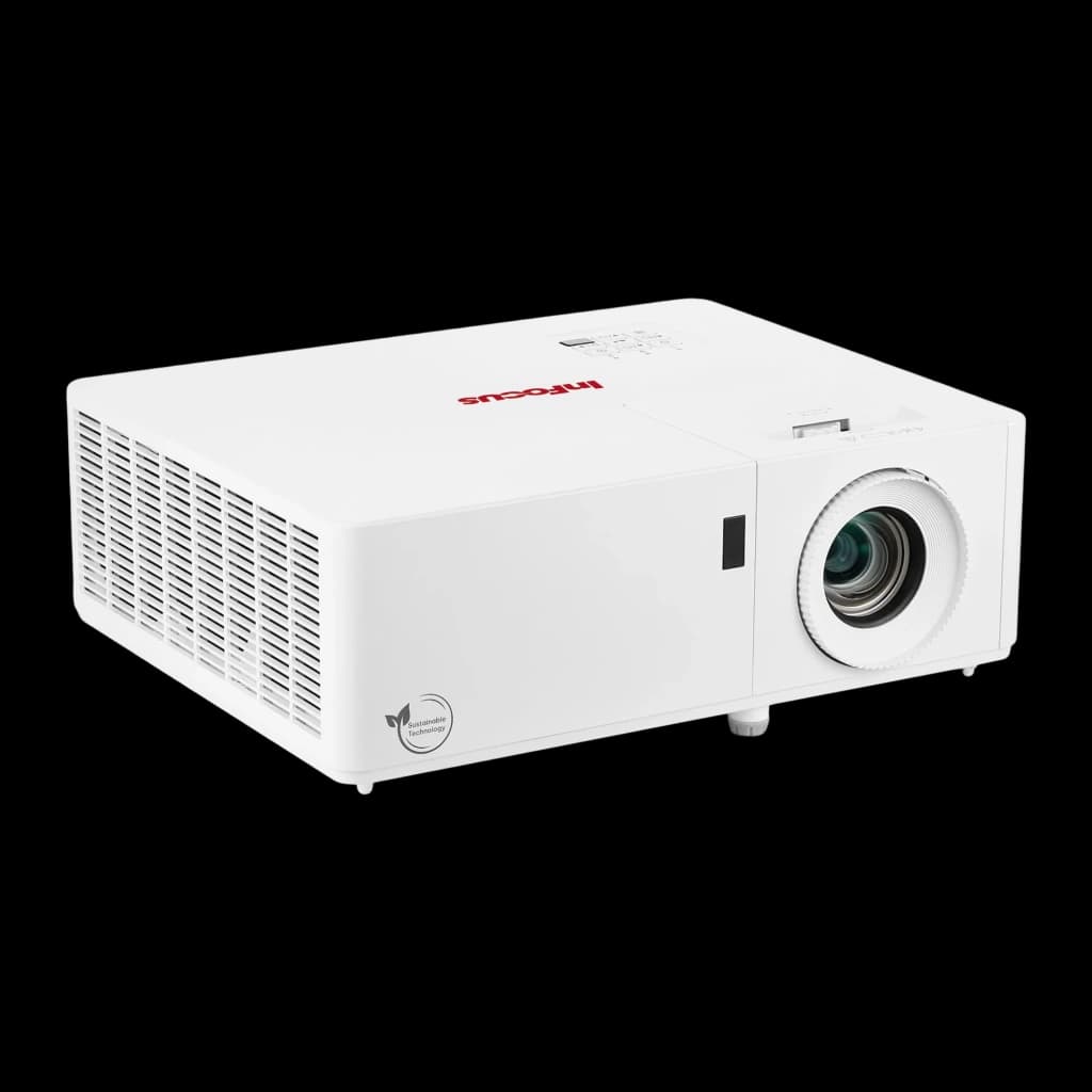 InFocus Proyector Certus in1089sl Blanco, vista frontal lateral: lente, rejilla de ventilación y logo Sustainable Technology