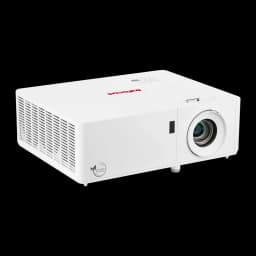 InFocus Proyector Certus in1089sl Blanco, vista frontal lateral: lente, rejilla de ventilación y logo Sustainable Technology
