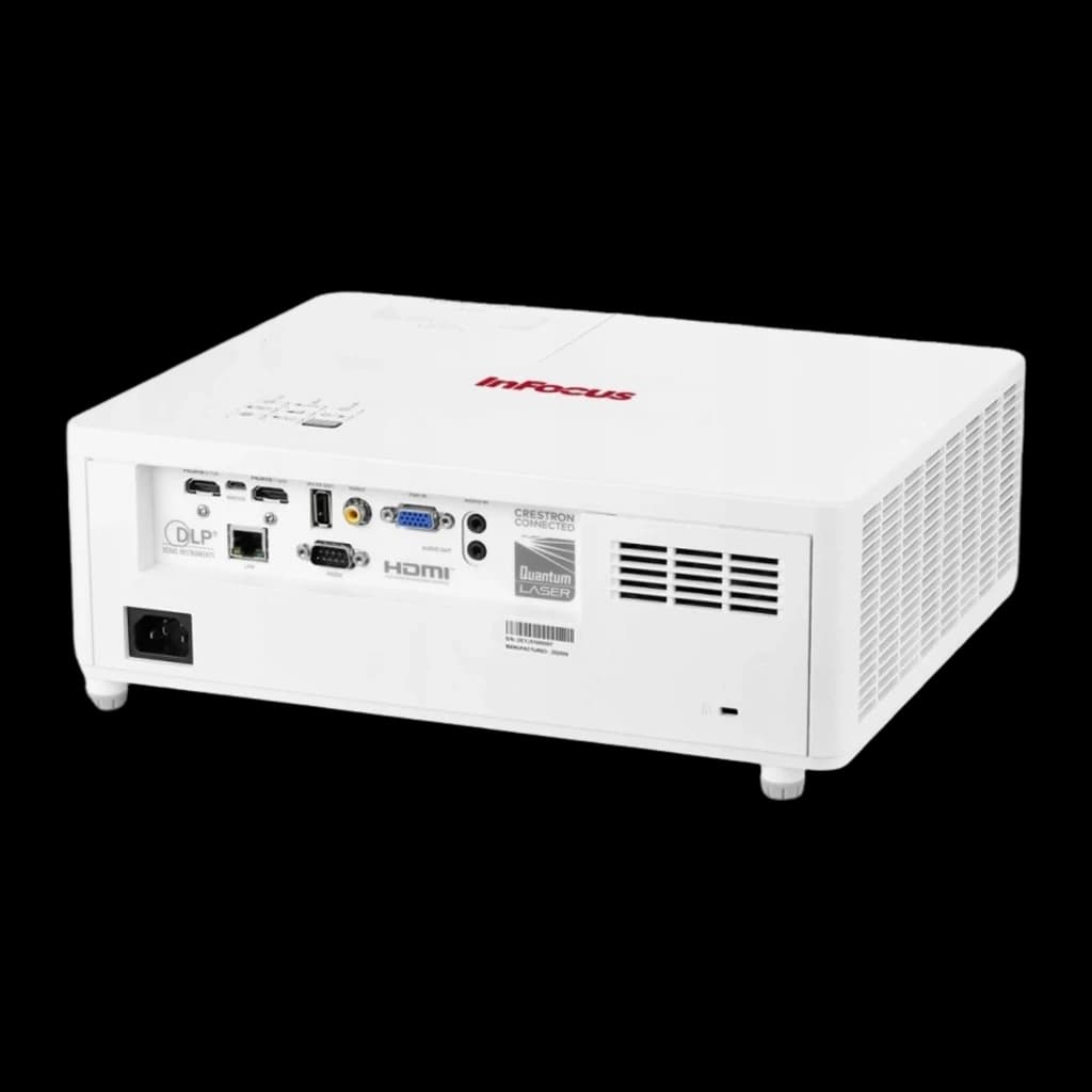 InFocus Proyector Certus in1089sl Blanco, vista trasera: panel de conectores HDMI, VGA, USB, red y rejilla lateral