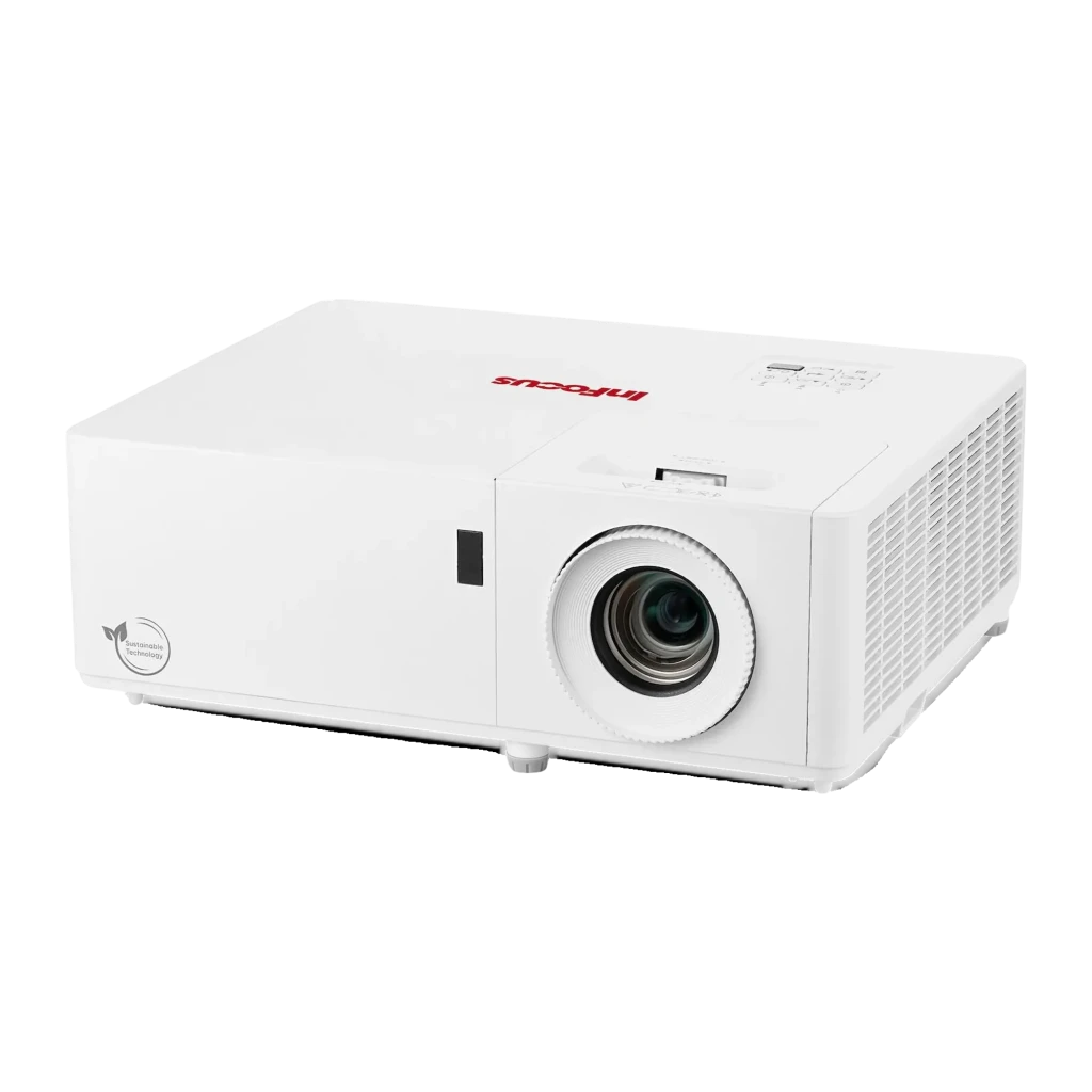 InFocus Projetor Certus in1089sl Branco, vista frontal lateral: lente, grade de ventilação e logo Sustainable Technology - Item2