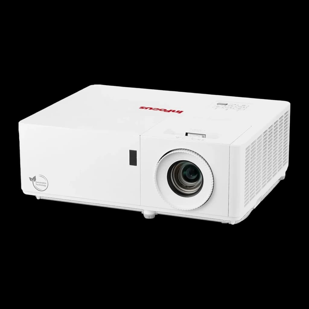 InFocus Proyector Certus in1089sl Blanco, vista lateral: lente frontal, rejilla ventilación y logo Sustainable Technology