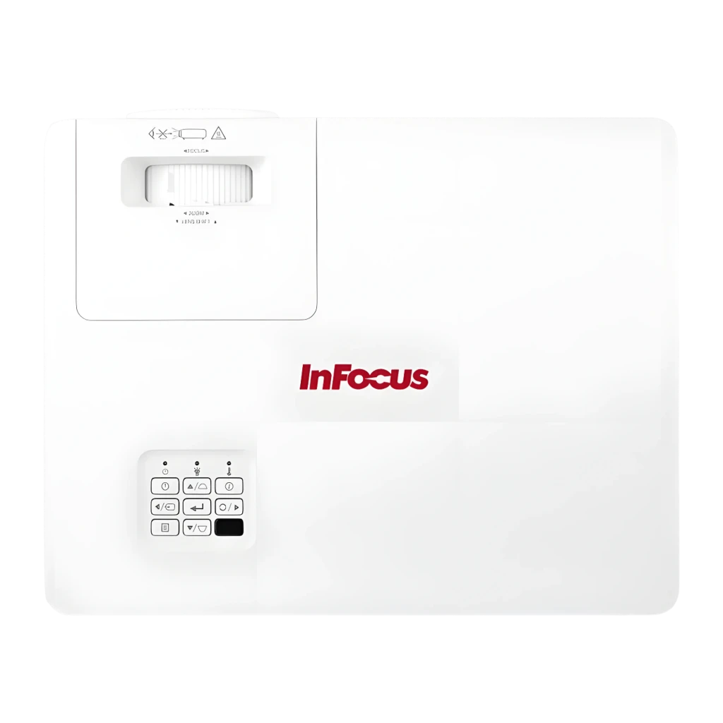 InFocus Projetor Certus in1089sl Branco, vista frontal lateral: lente, grade de ventilação e logo Sustainable Technology - Item3