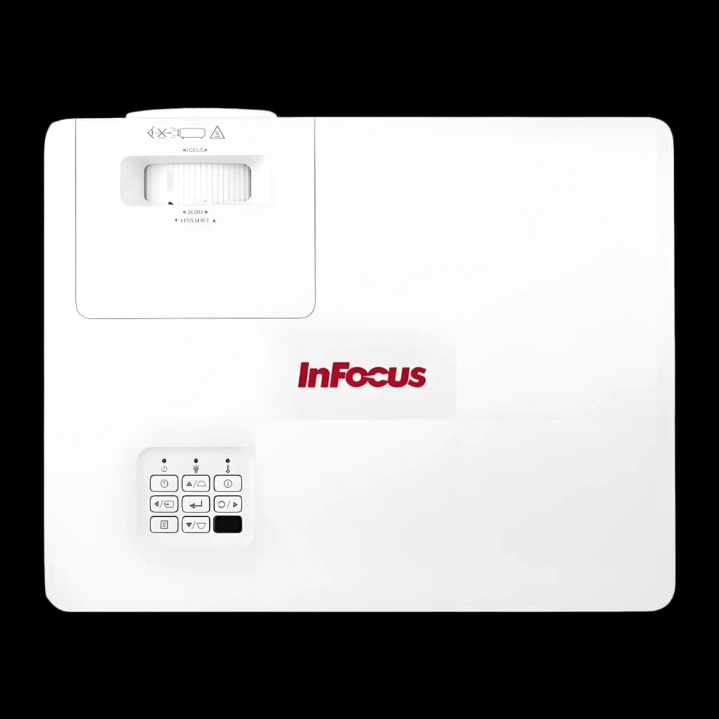 InFocus Proyector Certus in1089sl Blanco, vista superior: lente zoom, logo rojo y panel de botones de control