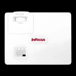 InFocus Proyector Certus in1089sl Blanco, vista superior: lente zoom, logo rojo y panel de botones de control