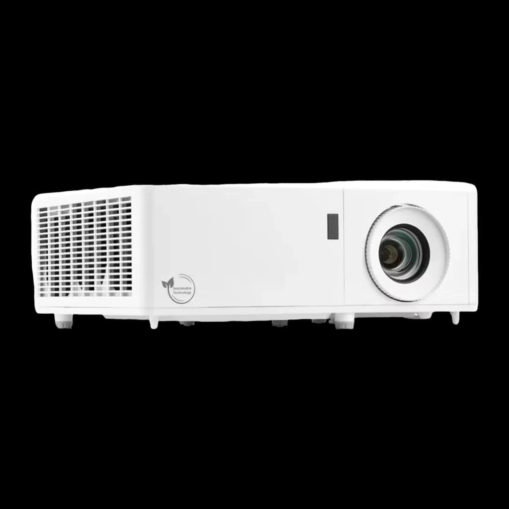 InFocus Proyector Certus in1089sl Blanco, vista lateral: objetivo, rejilla de ventilación y logo Sustainable Technology