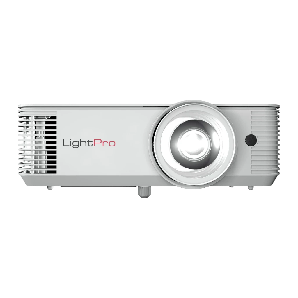InFocus IN0046ST proyector blanco, vista frontal: lente central, rejillas laterales y logo LightPro