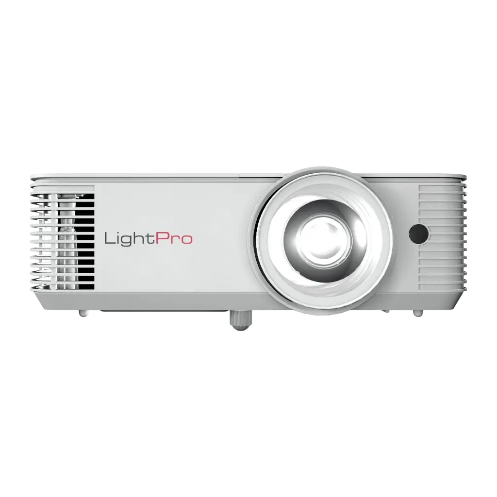 InFocus IN0046ST proyector blanco, vista frontal: lente central, rejillas laterales y logo LightPro