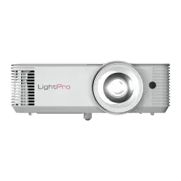 InFocus IN0046ST proyector blanco, vista frontal: lente central, rejillas laterales y logo LightPro
