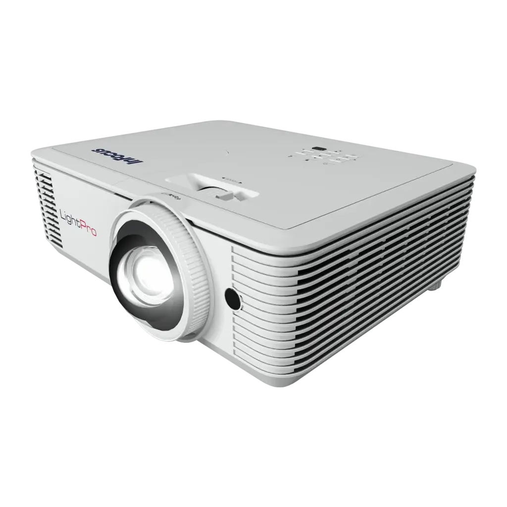 InFocus IN0046ST proyector blanco, vista en perspectiva: parte superior con botones, lente y rejillas frontales