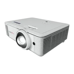 InFocus IN0046ST proyector blanco, vista en perspectiva: parte superior con botones, lente y rejillas frontales