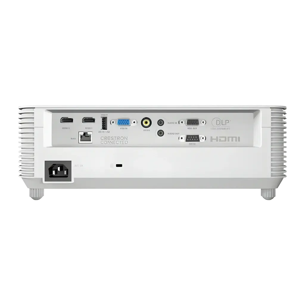 InFocus IN0046ST proyector DLP blanco, panel trasero: puertos HDMI, VGA, composite, audio, RS-232, RJ45 y entrada de