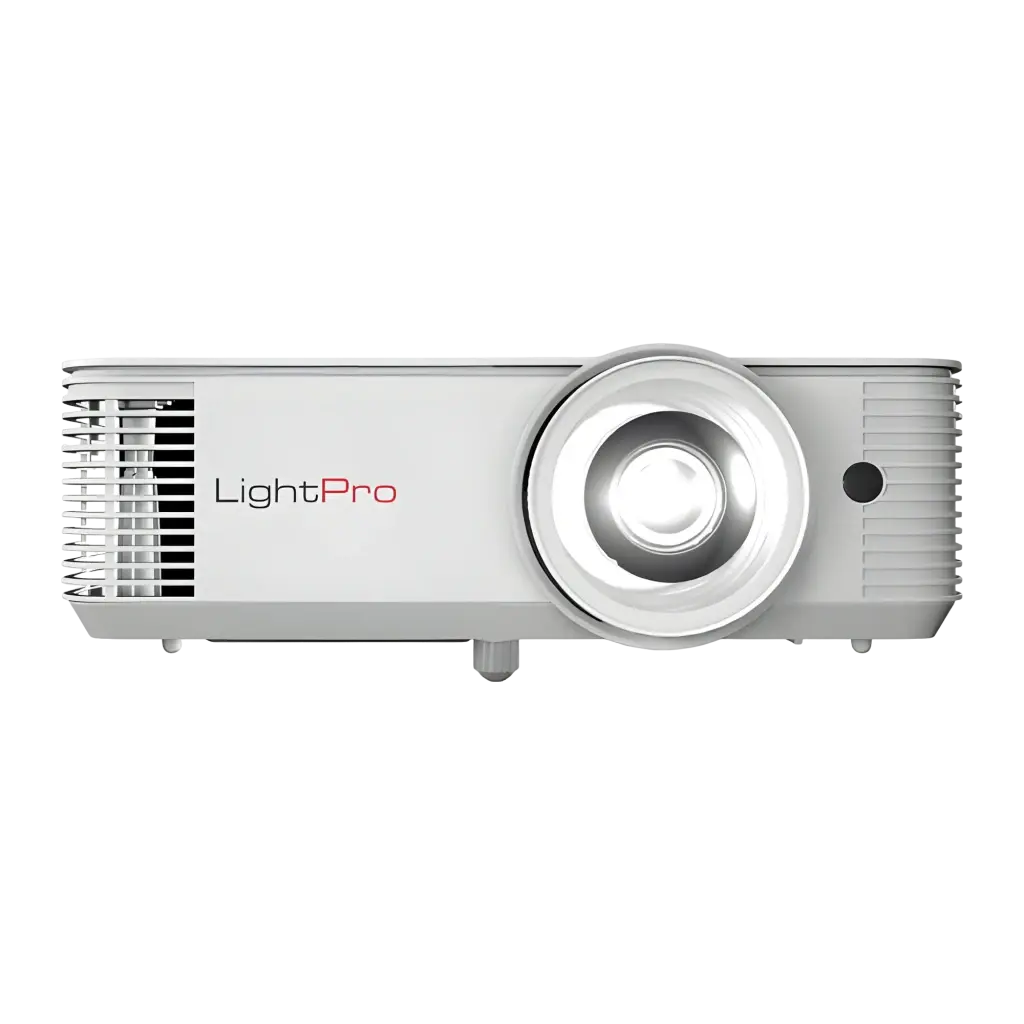 InFocus IN0046ST proyector DLP WXGA blanco, vista frontal: lente central, rejillas de ventilación y logo LightPro