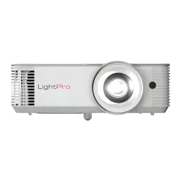 InFocus IN0046ST proyector DLP WXGA blanco, vista frontal: lente central, rejillas de ventilación y logo LightPro