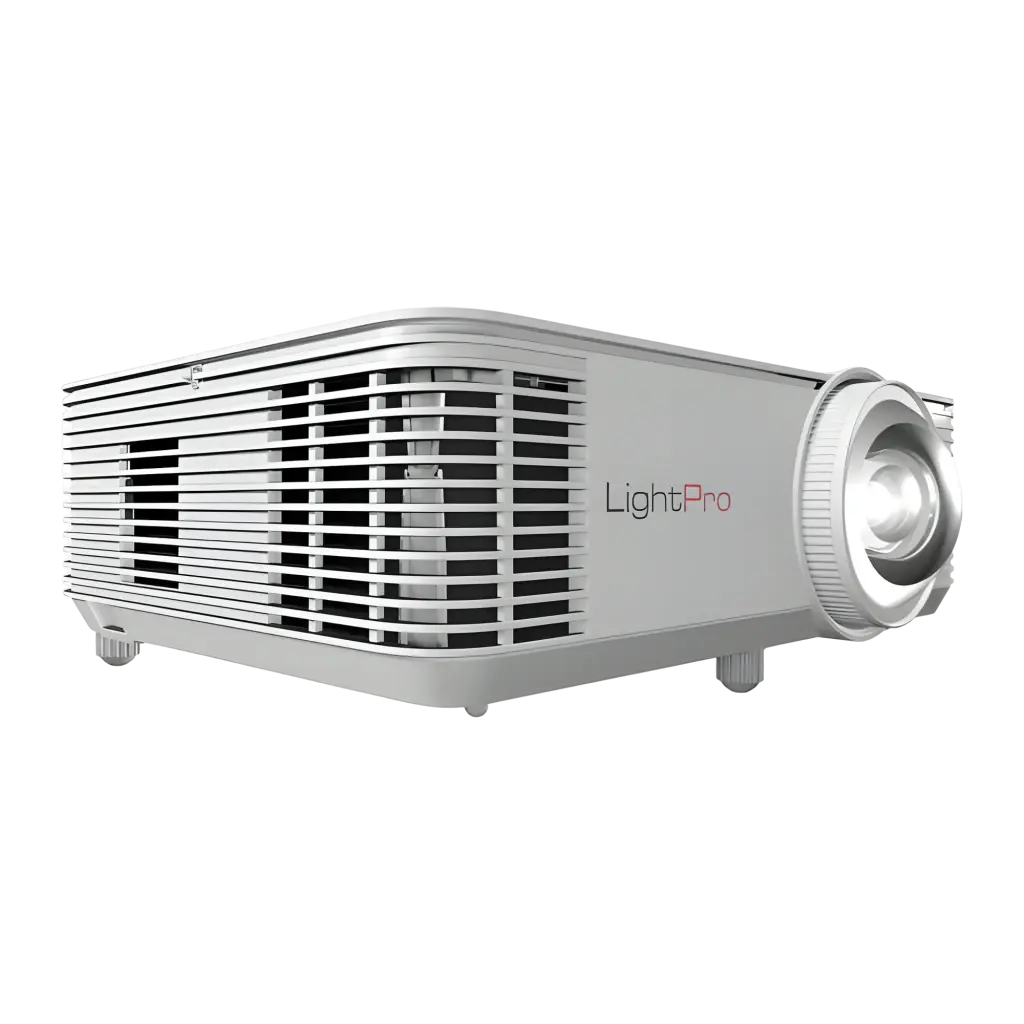 InFocus IN0046ST proyector blanco, vista lateral en ángulo: rejillas de ventilación, lente y logo LightPro visibles