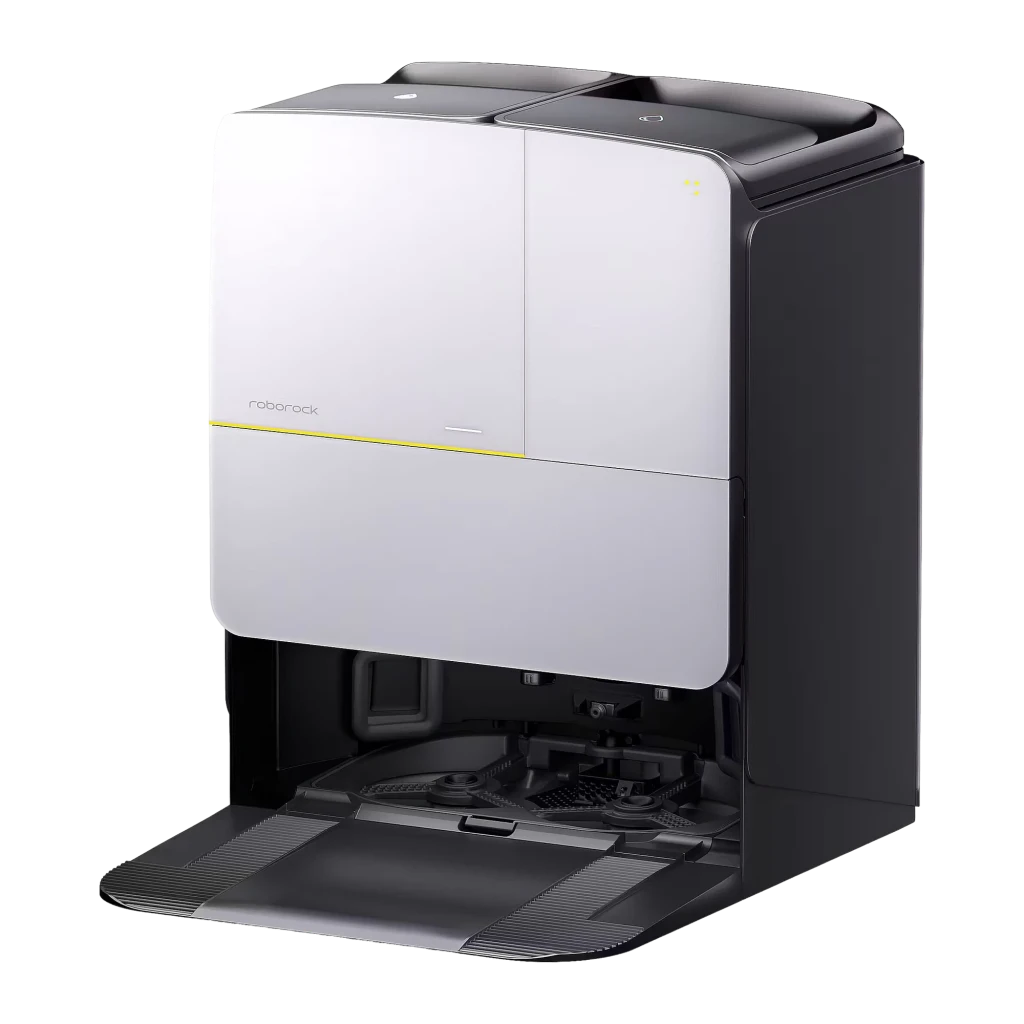 Roborock Saros Z70 Blanco, vista frontal en ángulo: robot aspirador acoplado en base de autovaciado blanca con franja dorada - Ítem1