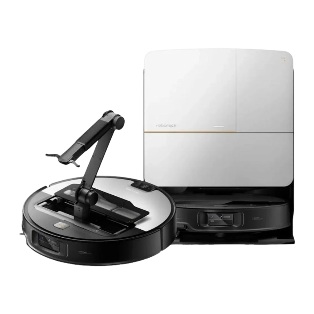 Roborock Saros Z70 Blanco, vista frontal en ángulo: robot aspirador acoplado en base de autovaciado blanca con franja dorada - Ítem3