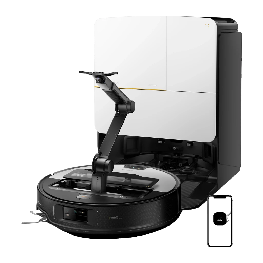 Roborock Saros Z70 Blanco, vista frontal en ángulo: robot aspirador acoplado en base de autovaciado blanca con franja dorada - Ítem4
