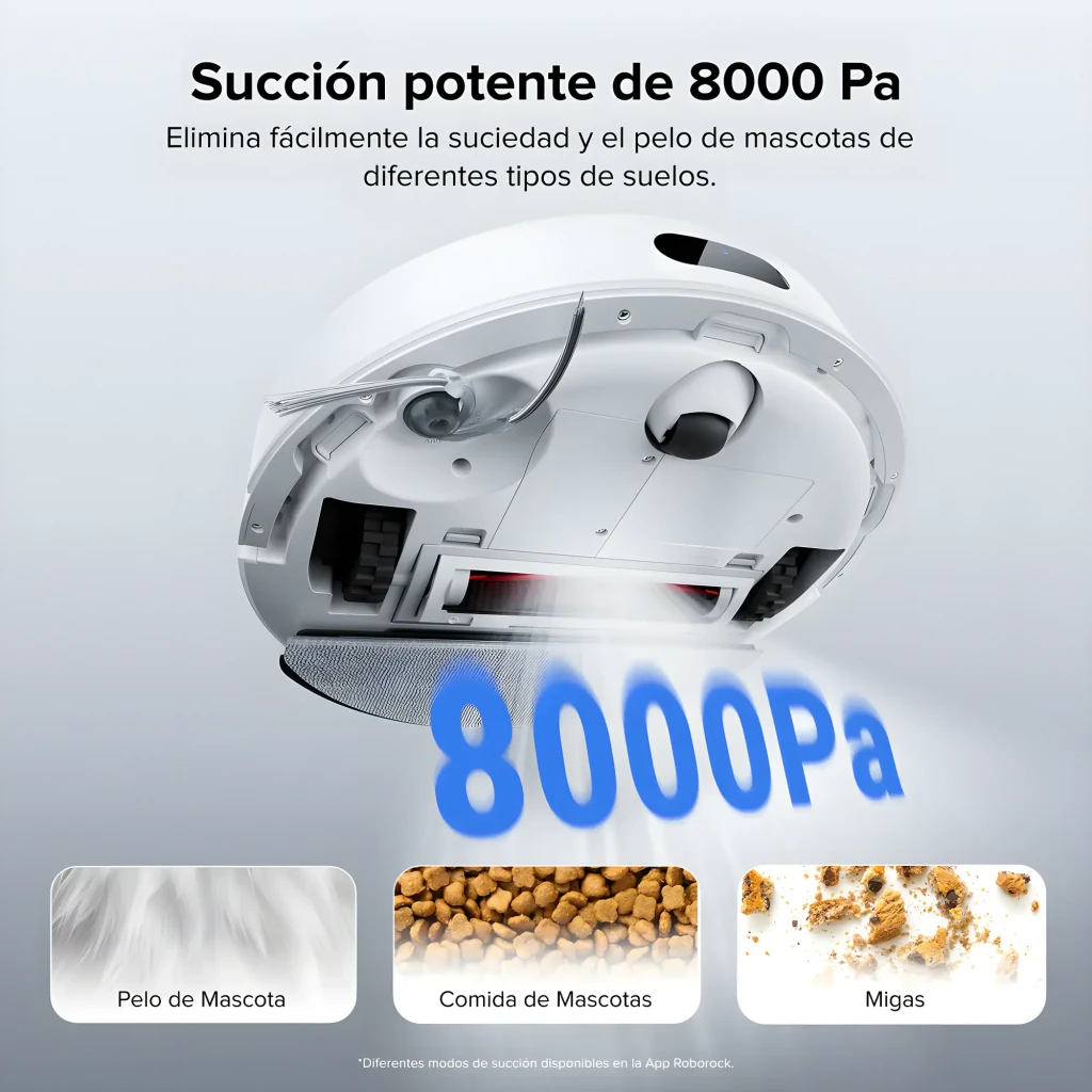 Roborock Saros Z70 Blanco, vista frontal en ángulo: robot aspirador acoplado en base de autovaciado blanca con franja dorada - Ítem6